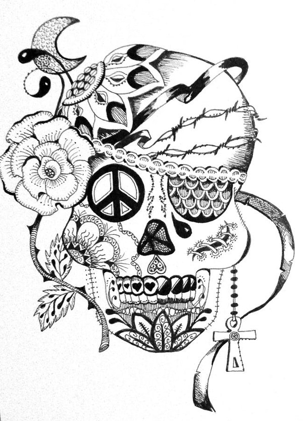 desenho de caveira hippie