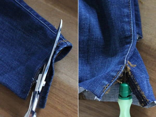 desfiar calça jeans com faca de serra