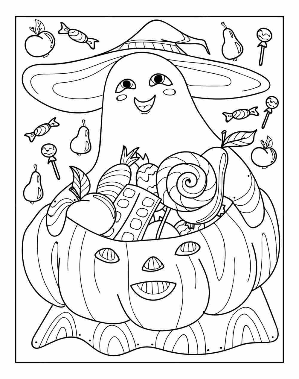 Desenho de ceifador de desenhos animados e pilha de abóboras de halloween  para colorir e imprimir
