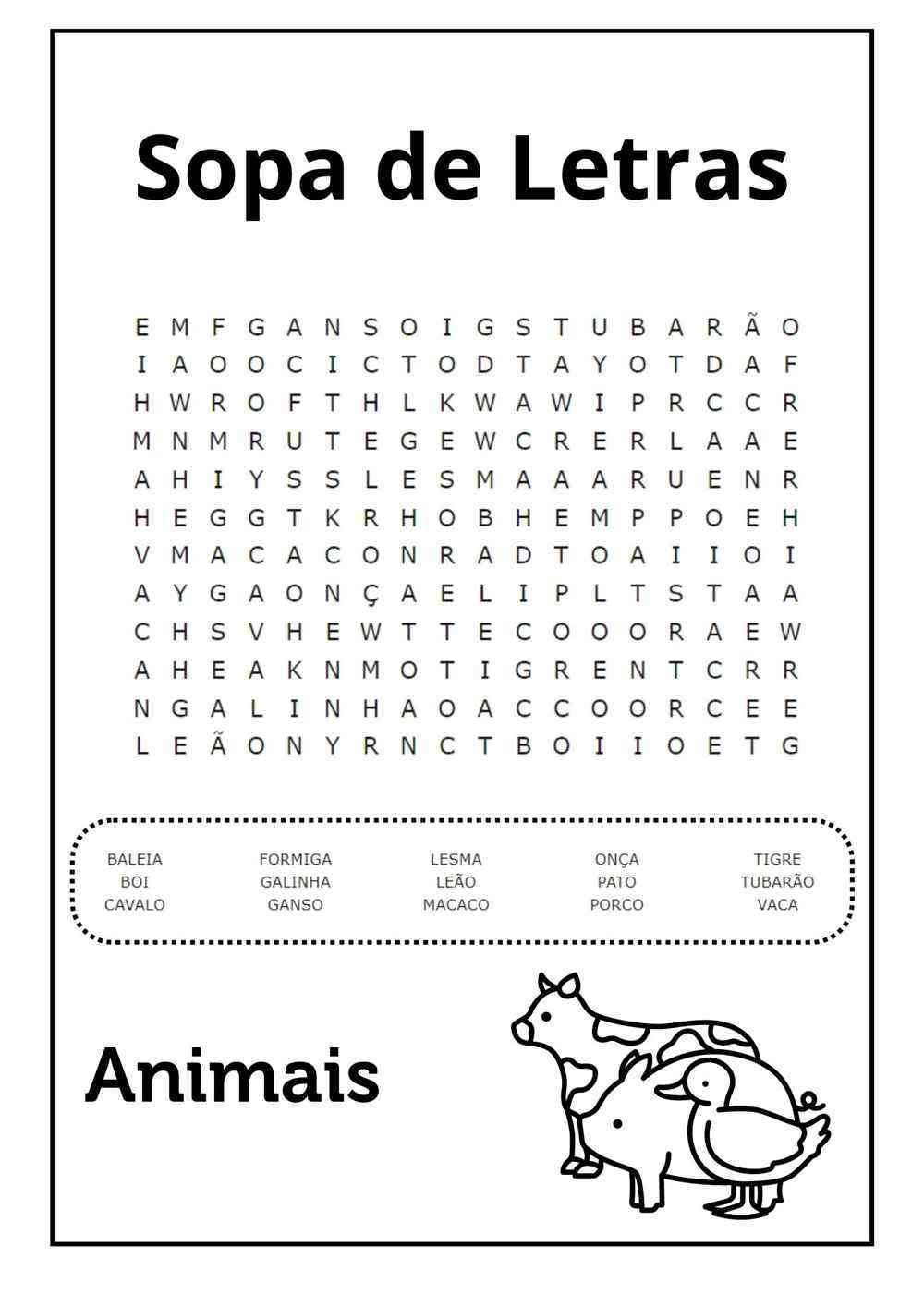 sopa de letras animais para imprimir